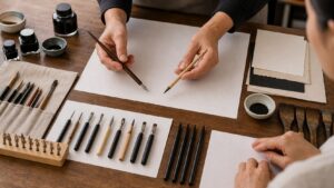 Instructor comparing calligraphy tool angles over blank practice paper