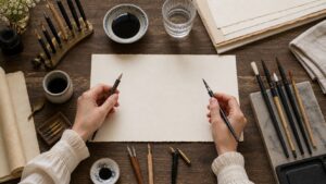 Hands choosing calligraphy tools above blank parchment on a craft studio table