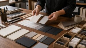 Designer comparing blank specimen cards by mood and use on a refined typography table