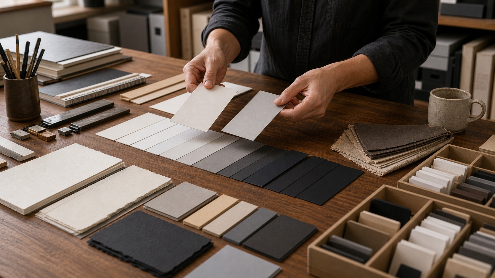 Designer comparing blank specimen cards by mood and use on a refined typography table
