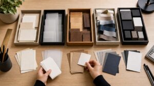 Hands sorting blank material cards into separate font-family-inspired trays