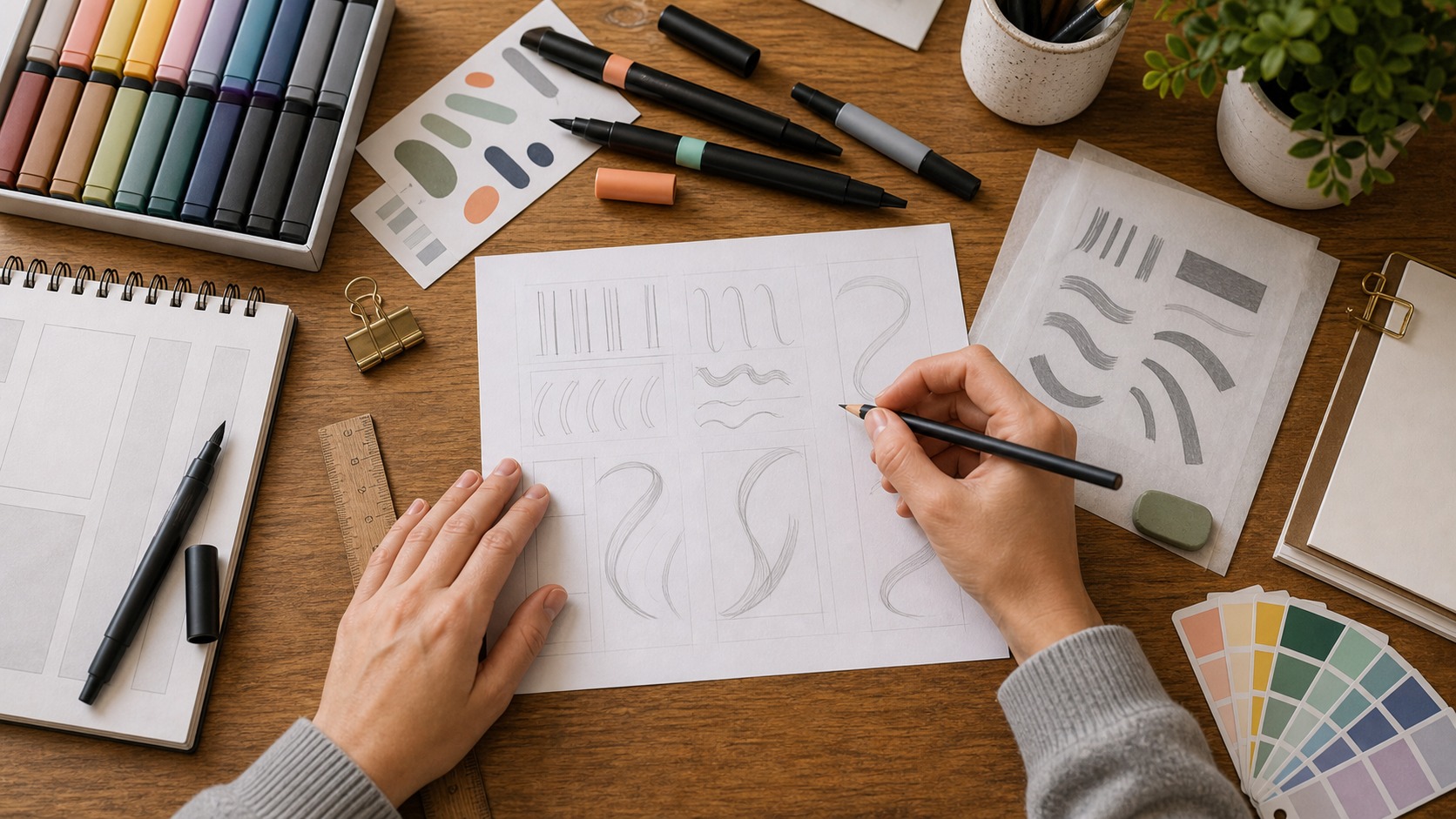 Hands sketching abstract lettering strokes on blank practice paper with markers nearby