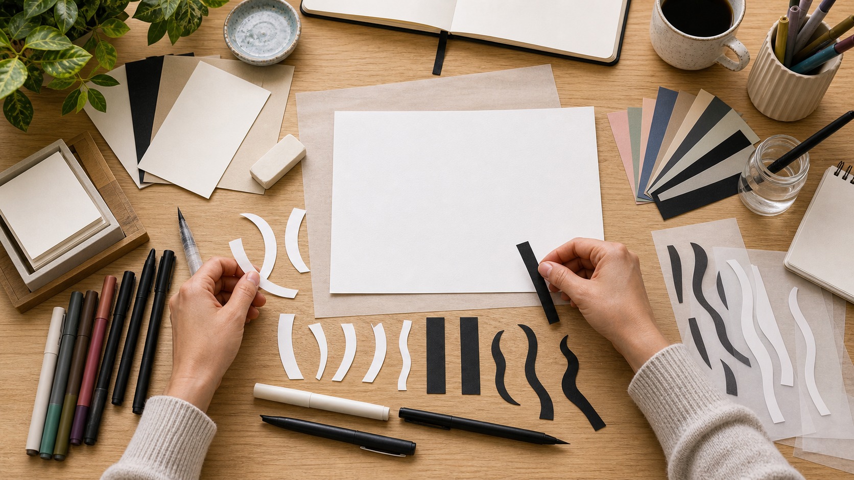 Hands arranging abstract stroke cutouts beside blank sketch paper and brush markers