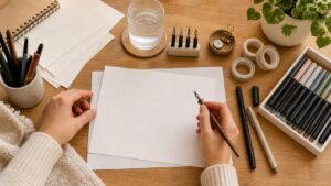 Beginner calligraphy desk with blank paper, clean nibs, brush markers, and starter tools