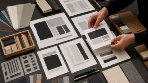 Designer comparing blank editorial layout systems with paper blocks and material swatches