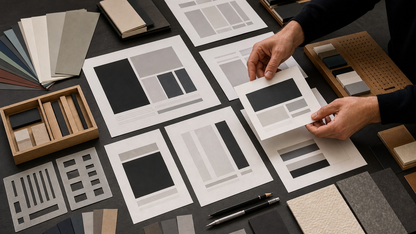 Designer comparing blank editorial layout systems with paper blocks and material swatches