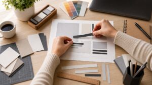 Hands arranging blank layout blocks and spacing strips on a bright design desk