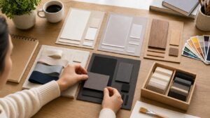 Hands arranging blank material cards into practical type-family groups