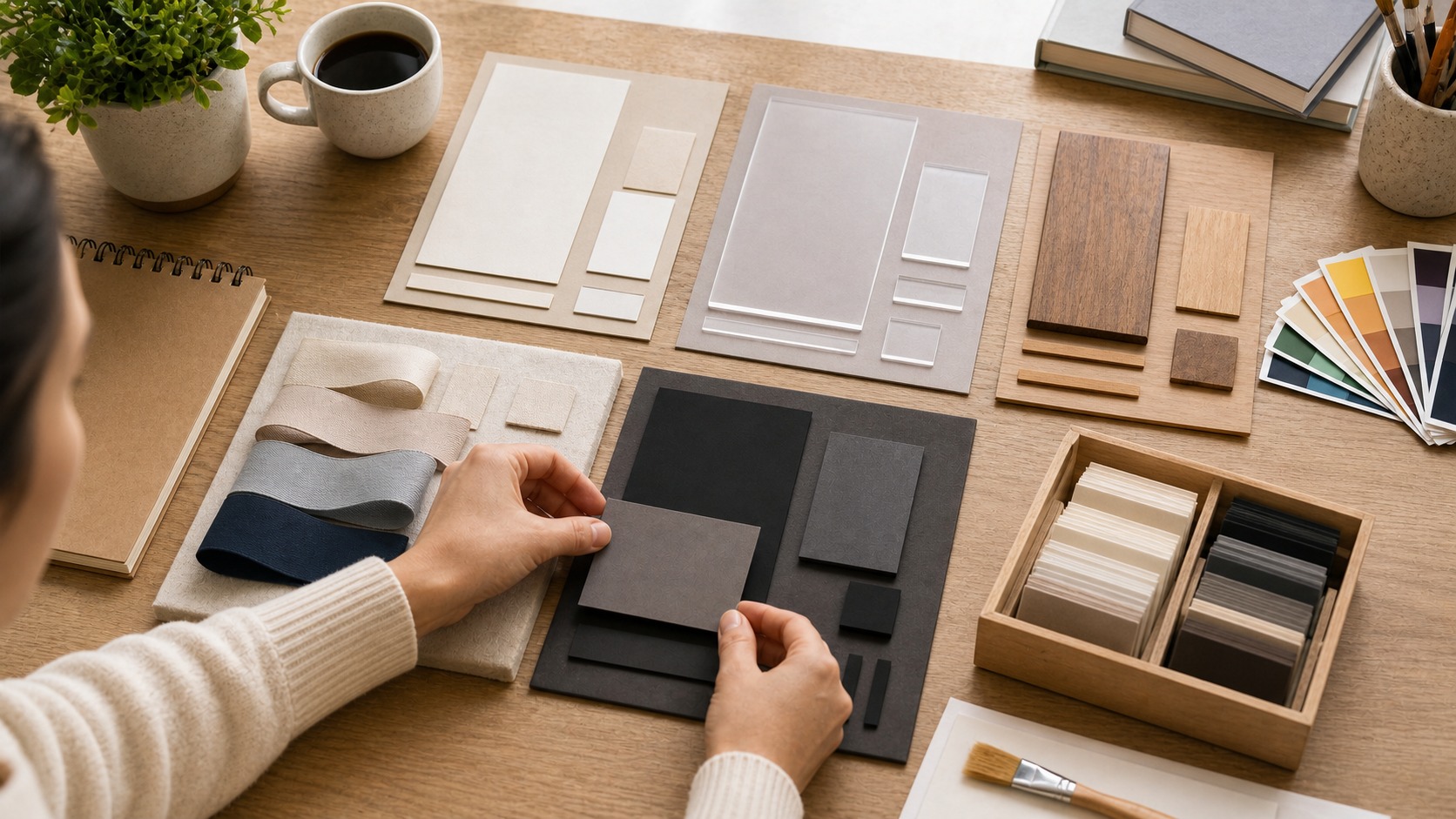 Hands arranging blank material cards into practical type-family groups