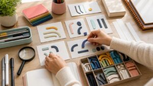 Hands arranging abstract stroke pieces beside blank beginner lettering practice materials
