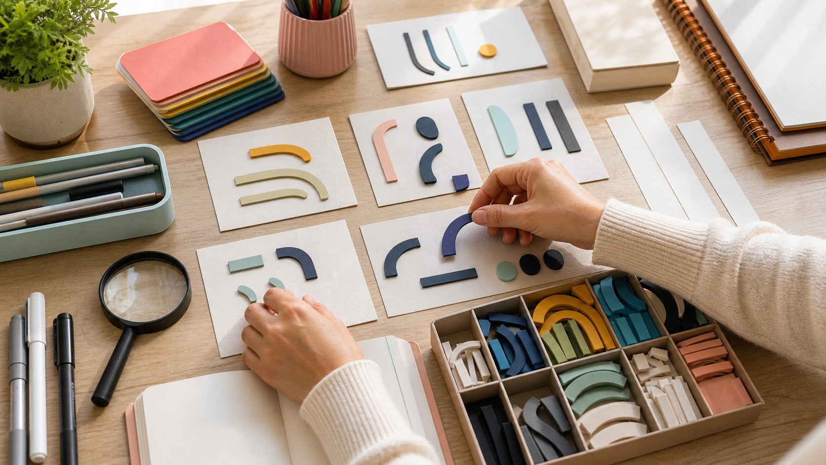 Hands arranging abstract stroke pieces beside blank beginner lettering practice materials