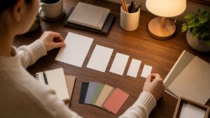 Person arranging blank cards from large to small on a warm learning desk
