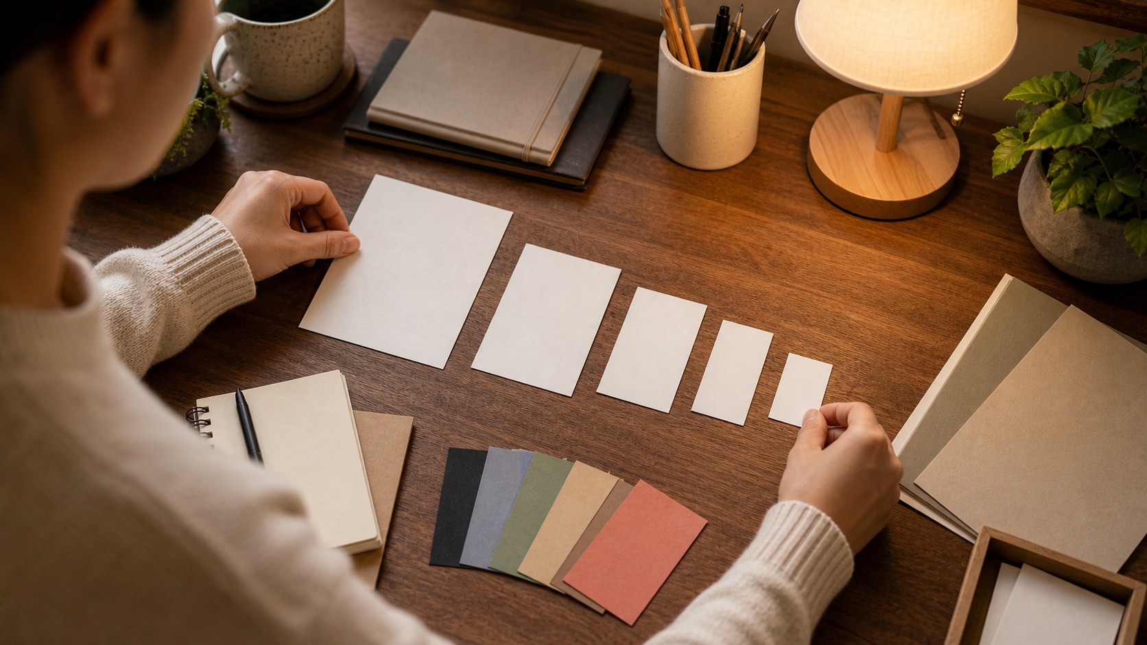 Person arranging blank cards from large to small on a warm learning desk