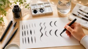 Beginner brush lettering practice desk with ink, brush pens, water jar, and abstract pressure strokes