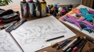 Beginner graffiti lettering practice setup with sketches, markers, spray cans, and a painted practice panel