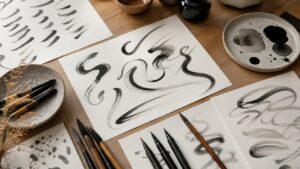 Elegant desk with brushes, ink, paper, and abstract pressure strokes for brush lettering practice