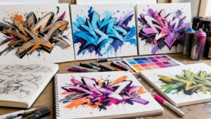 Studio table with multiple abstract graffiti-style sample boards and color swatches