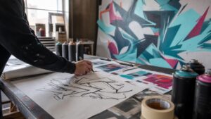 Designer sketching bold abstract graffiti-style forms in a studio with spray paint and color studies