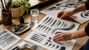 Brush lettering practice desk with ink, brush pens, water, and abstract pressure strokes
